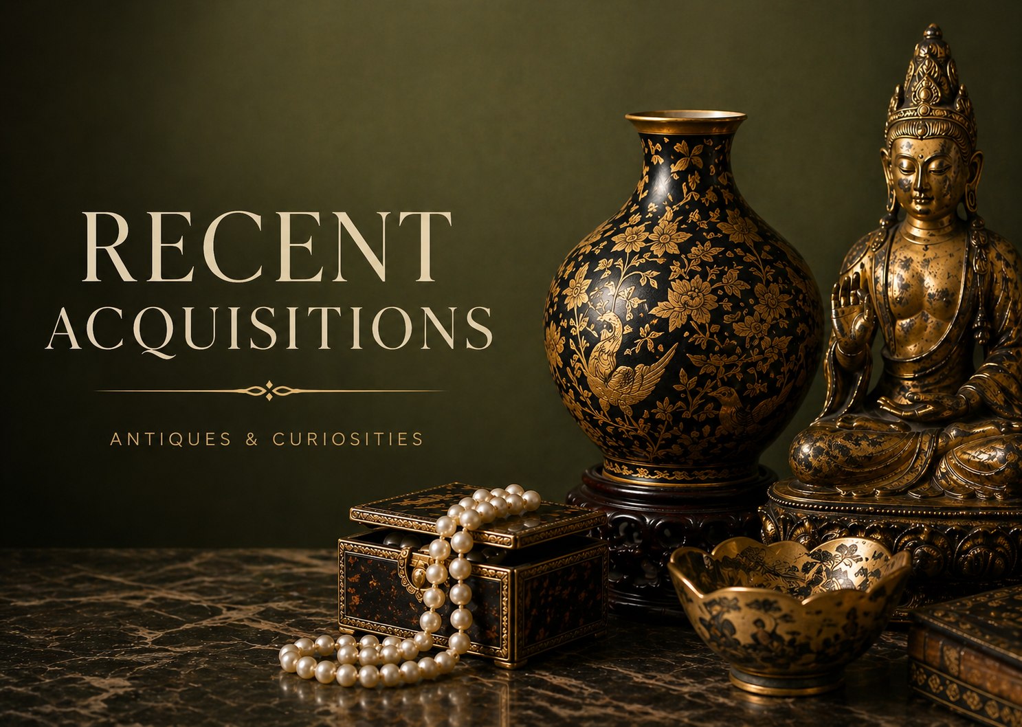 Luxury antique still life with Asian vase, gilded Buddha statue, pearls and decorative box on olive green background – recent acquisitions at Hub42