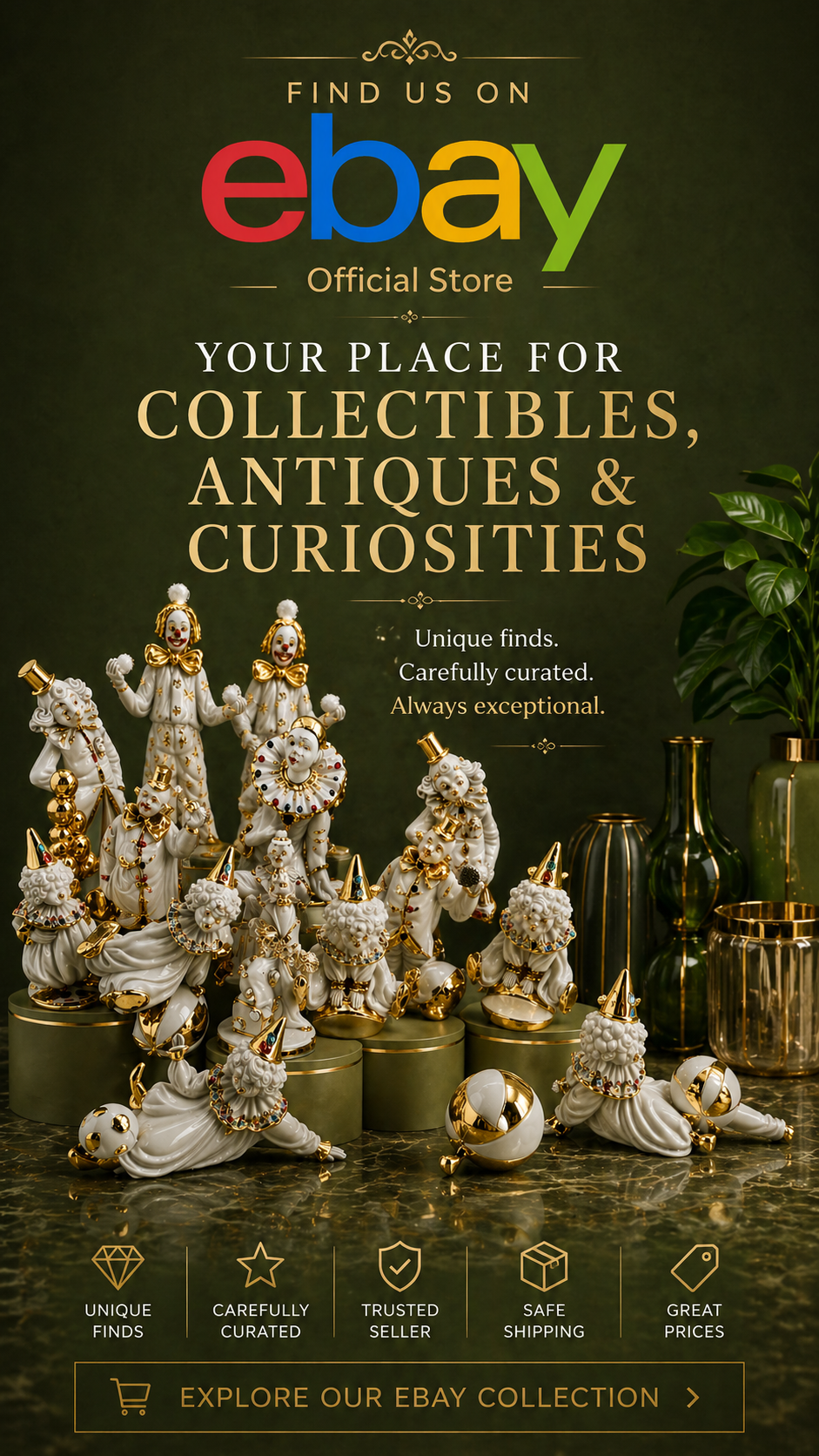 Eclectic mix of antiques and modern collectibles featuring Scandinavian glass vases, vintage binoculars, mid-century lamps, porcelain horse figurine, modern Buddha sculpture, dragon statue, retro camera, luxury watch, designer books and decorative curiosities on green background – shop HUB42 eBay antiques and collectibles store