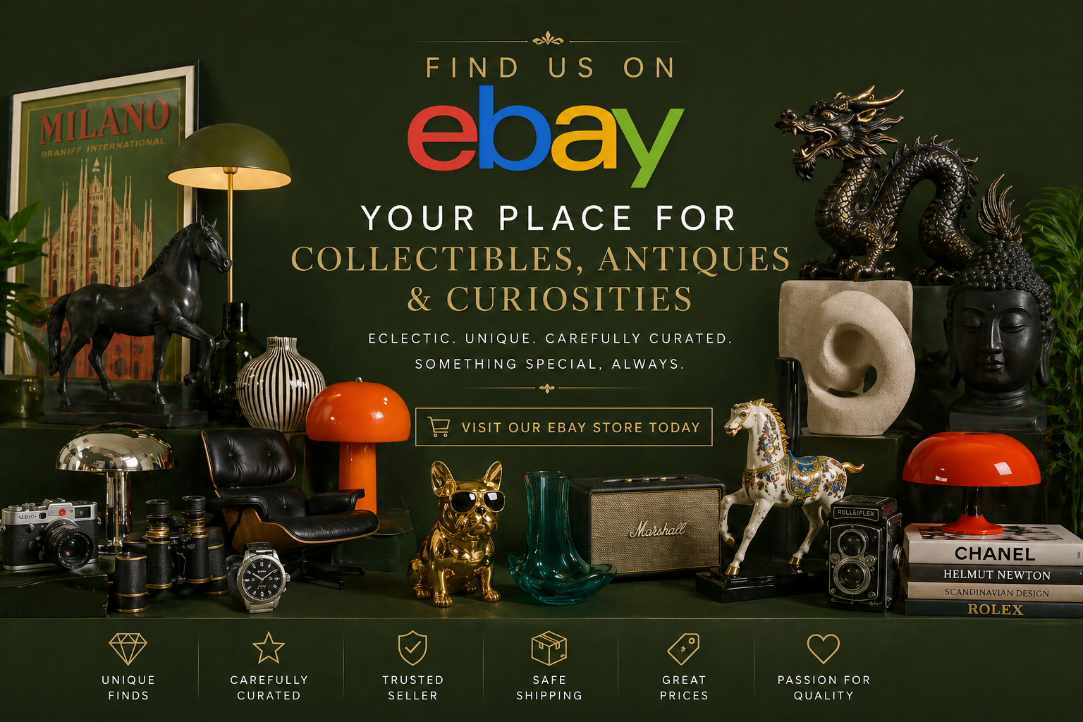Eclectic mix of antiques and modern collectibles featuring Scandinavian glass vases, vintage binoculars, mid-century lamps, porcelain horse figurine, modern Buddha sculpture, dragon statue, retro camera, luxury watch, designer books and decorative curiosities on green background – shop HUB42 eBay antiques and collectibles store